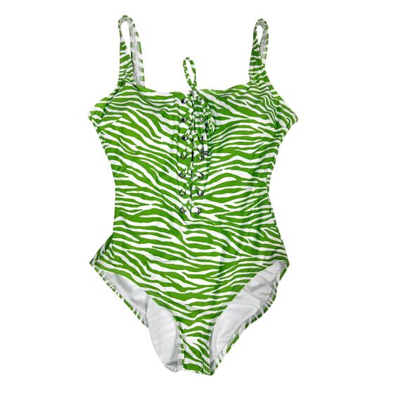 NWT Michael Kors Jungle Green Zebra Lace Up 1 Piece Swimsuit L Slimming Resort - Picture 1 of 4